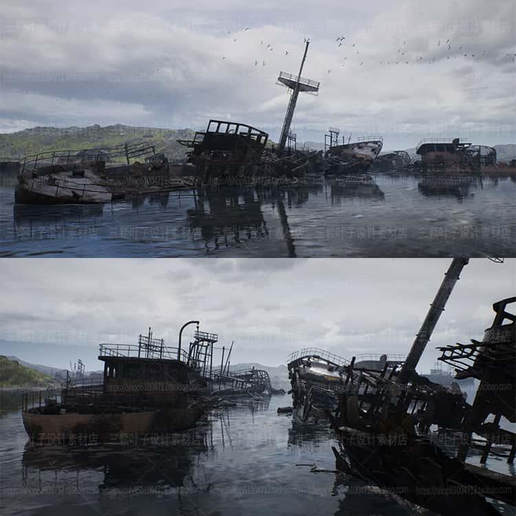 UE4废土风旧船坟场3D资源 铁船木船岩石油桶码头 场景CG素材8802