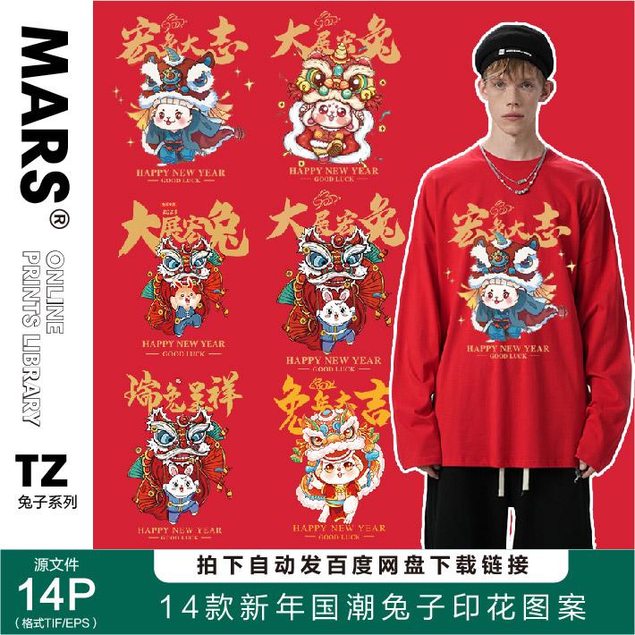 16款潮牌中国风兔年国潮2023春节T恤卫衣烫画印花火星图案素材 TZ