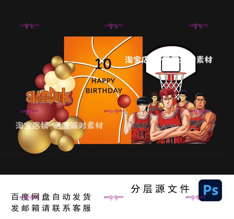 1865橙色篮球灌篮高手宝宝宴十岁生日气球派对背景KT设计素材