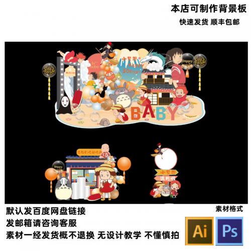 波妞龙猫千与千寻宫崎骏国潮宝宝宴周岁生日派对舞台甜品设计素材