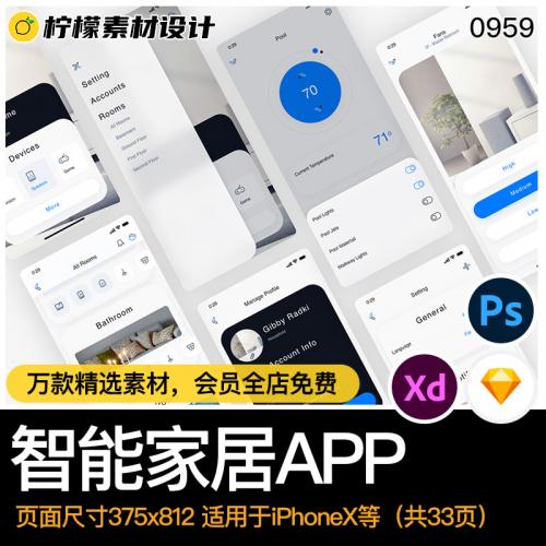 APP智能家居房间开关温度控制UI设计xd/sketch/PSD作品排版源文件