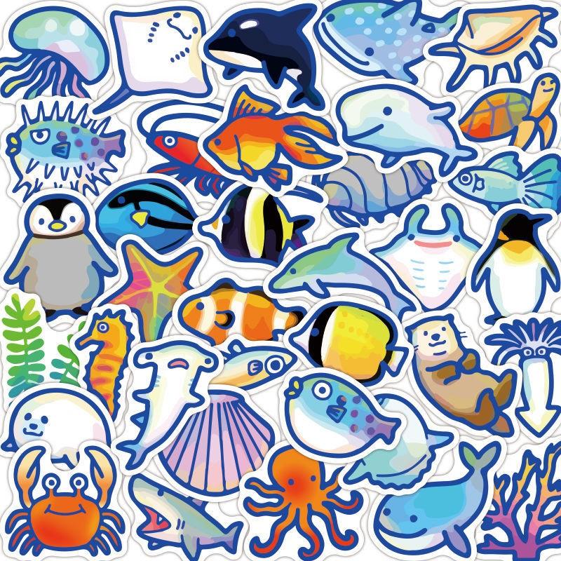 卡通海洋世界水族馆鱼类贴纸幼儿园奖励儿童装饰素材海豚贴画防水