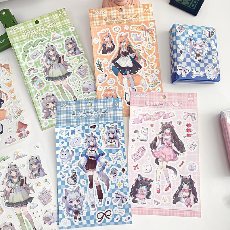 原创国产人物兽耳少女手帐贴纸甜酷风可爱女仆咕卡装饰素材贴画