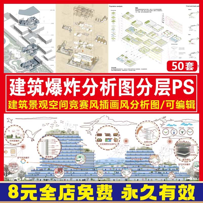 爆炸分层轴侧分析图PSD分层 建筑景观空间竞赛风插画风ps展板素材